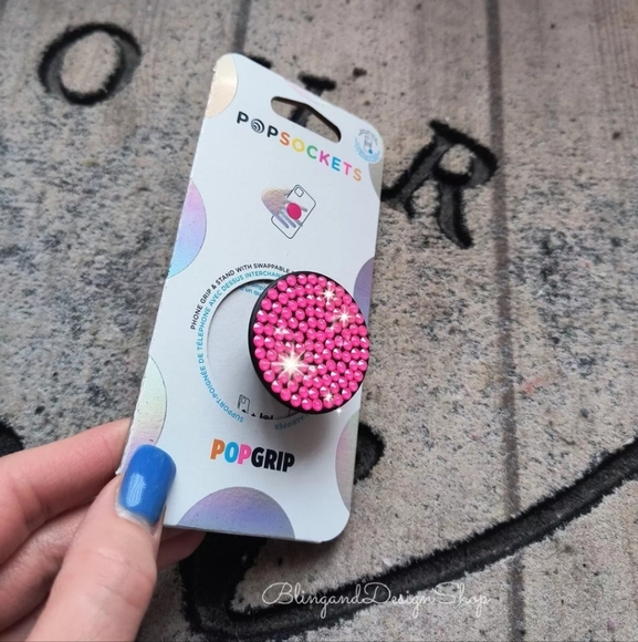 Hot Pink Popsocket Customized With Pink Crystal Rhinestones Cell Phone Grip - Picture 3 of 6